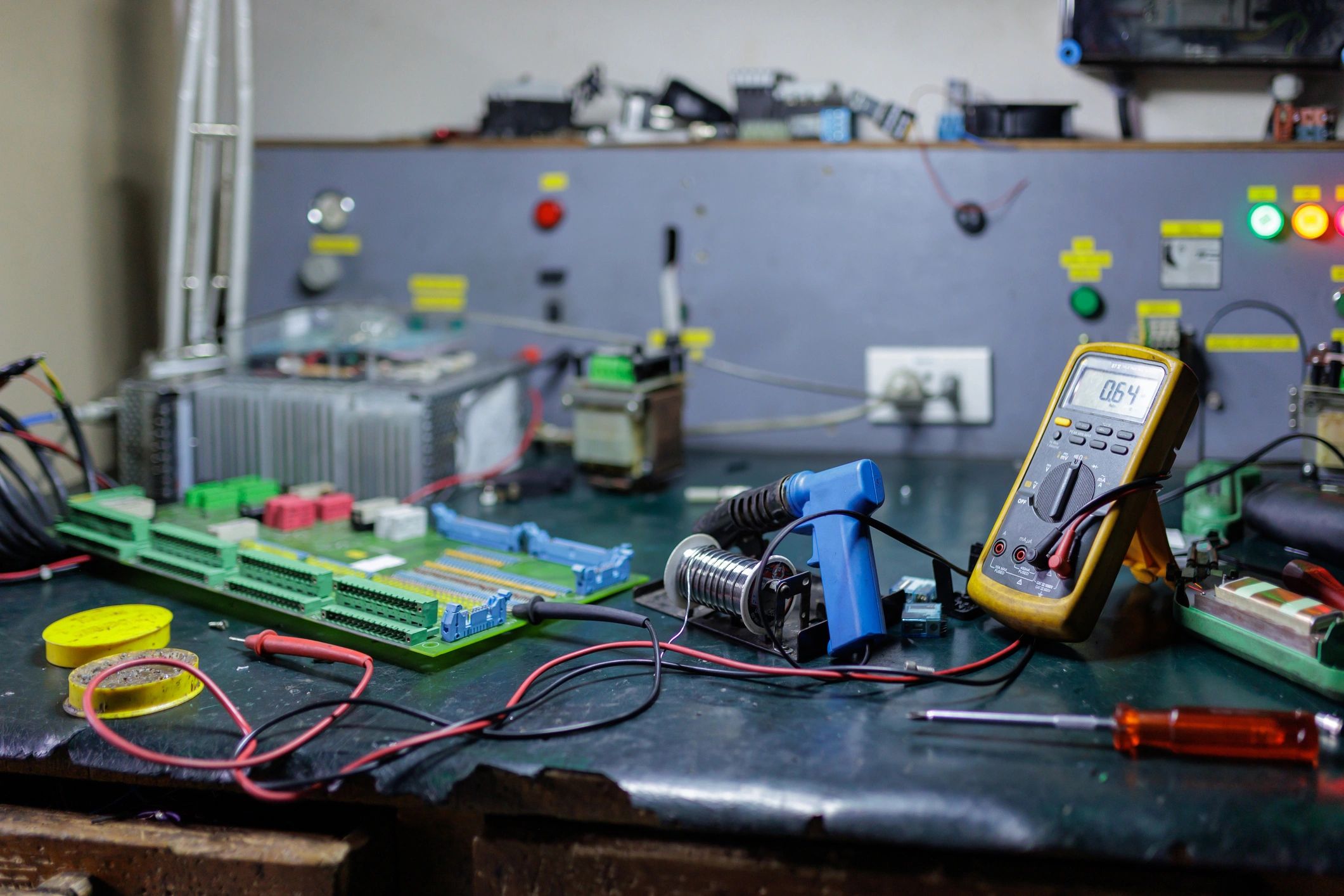 Electronics workshop with circuit board tools